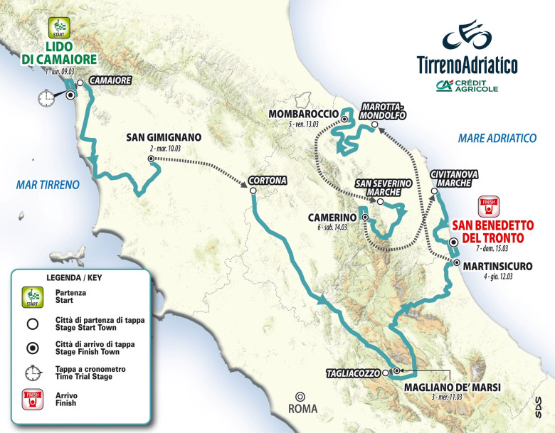 Tirreno-Adriatico - On connait le parcours du 61e Tirreno dès le 9 mars #TirrenoAdriatico #Ayuso #DelToro #Map #Parcours